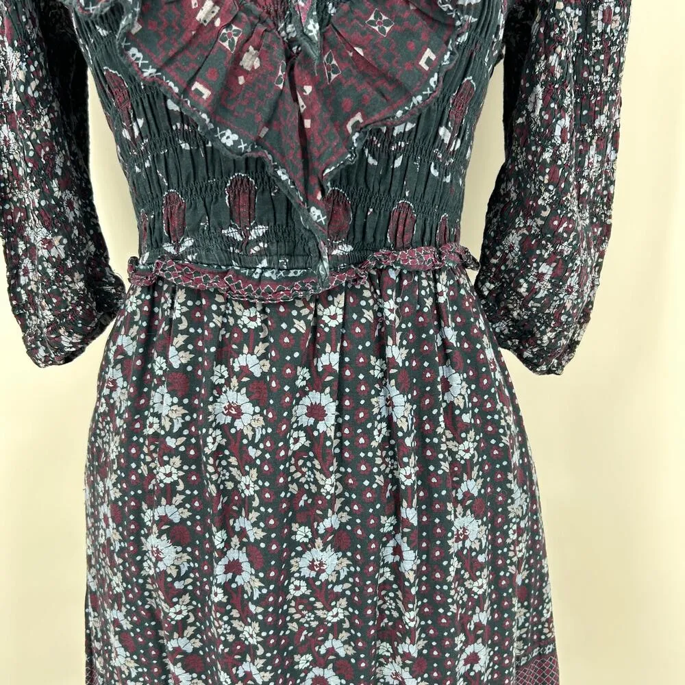 Sea NY Nadine Border Smocked Dress Cotton Puff Sleeve Ruffled V - Image 5