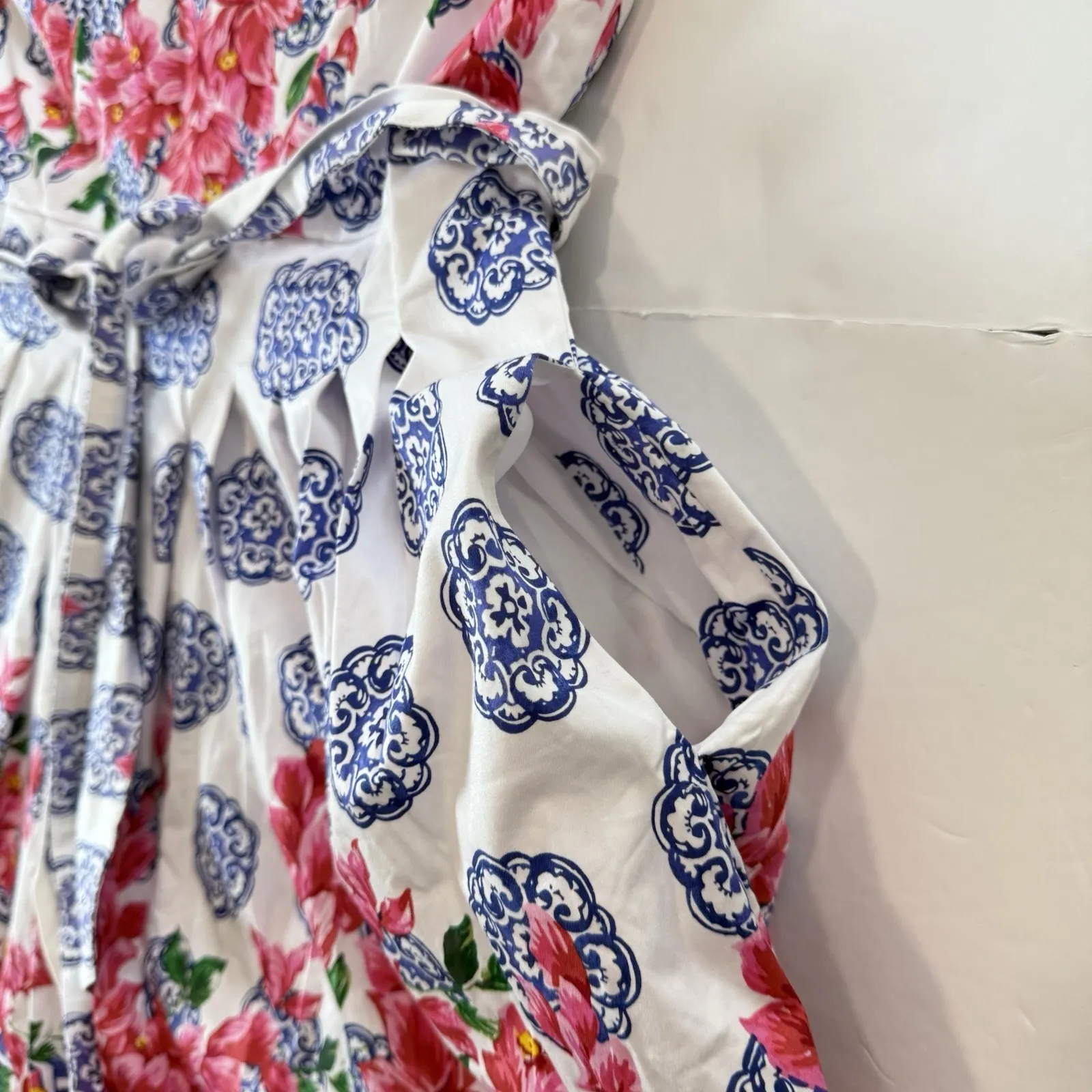 Talbots Mosaic Blue Red Floral Sateen Sleeveless Flare‎ Dress Pockets Size 10 - Image 6