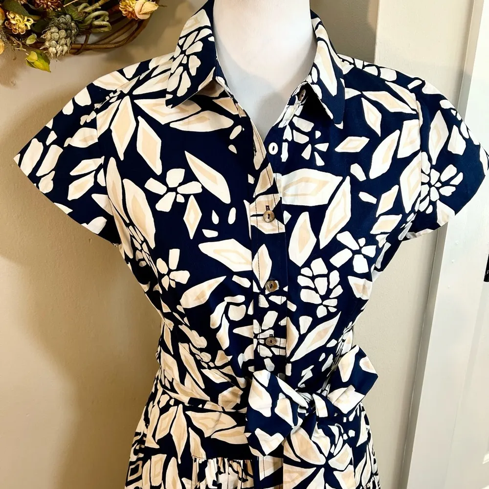 DIANE VON FURSTENBERG  Nautical Floral Navy/White Tie Waist Shirt Dress Womens 6 - Image 3