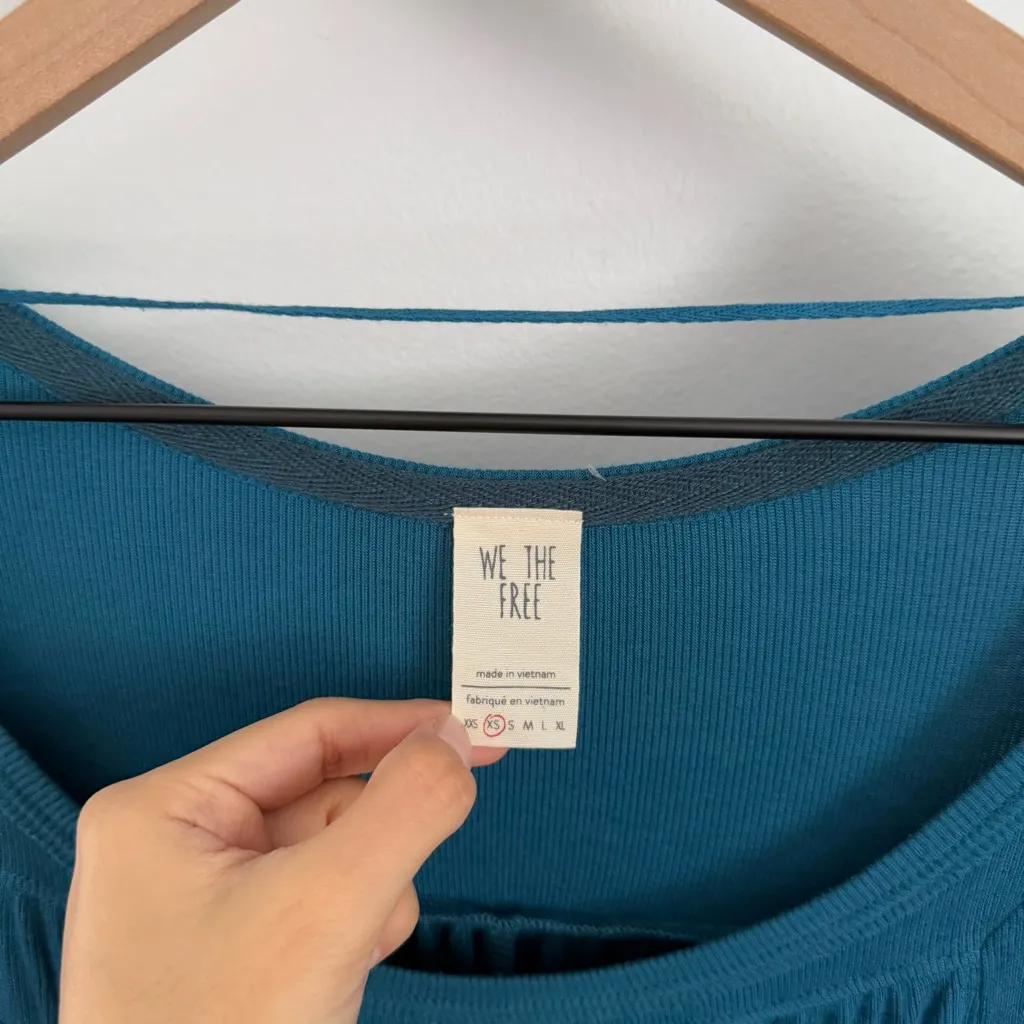 Free People XS Babydoll Swing Top Rib Long Sleeve Ruch Neckline Teal Blue Fall - Image 3