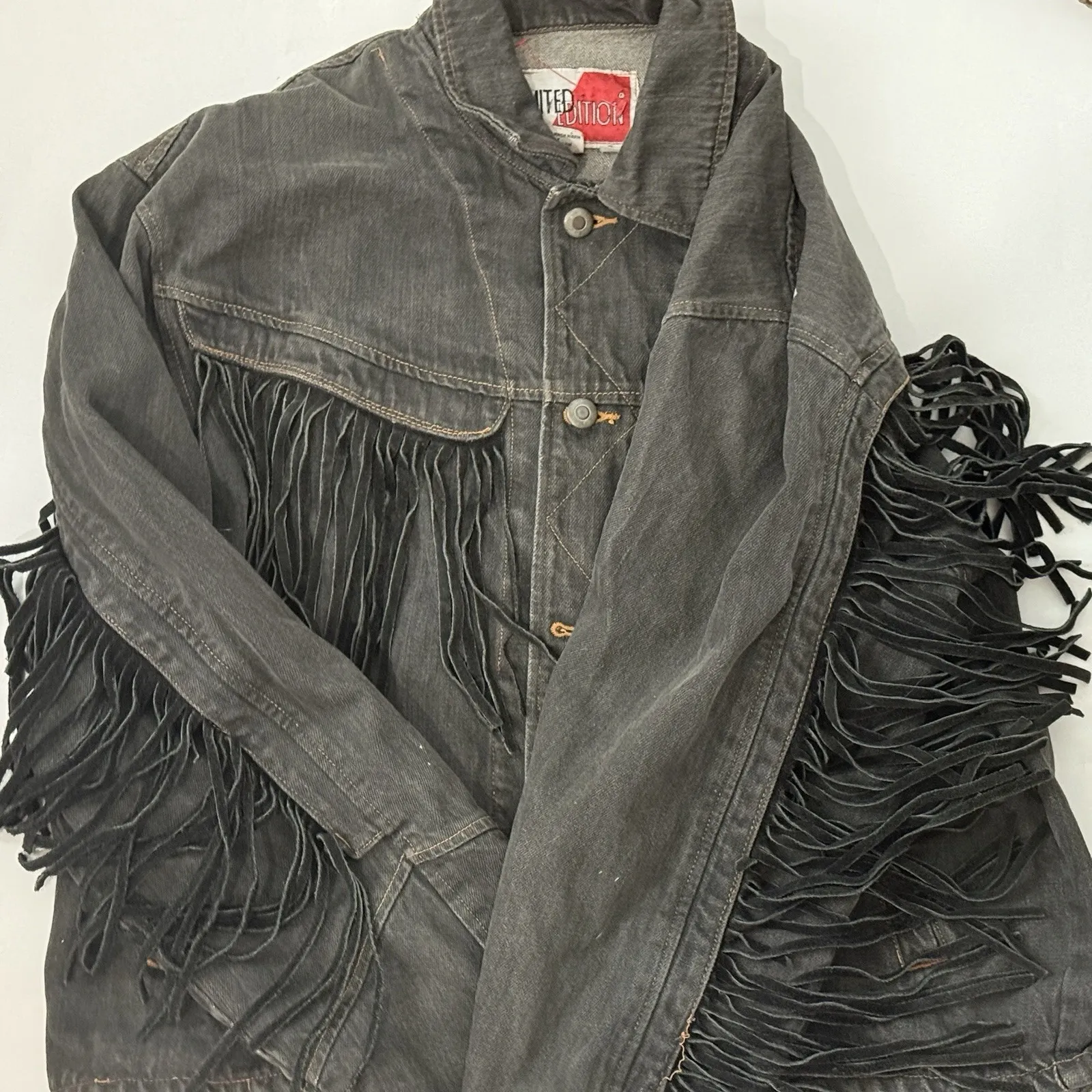 Limited Edition‎ Vintage Fringe Faded Black Denim Jacket sz Large 80's Unisex - Image 7