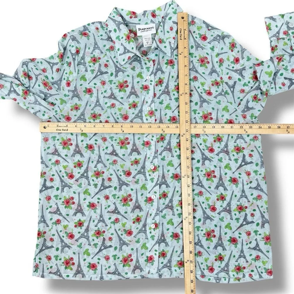 Potpourri Paris Eiffel Tower Rose Asher‎ Oversized Button Up Blouse Blue XL - Image 10