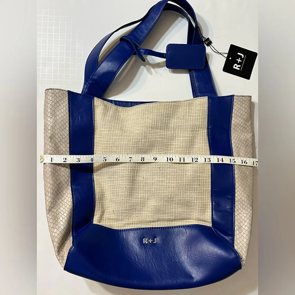 NWT R+J PEYTON LINEN COBALT/LIGHT GRAY TOTE HANDBAG Blue - Image 6