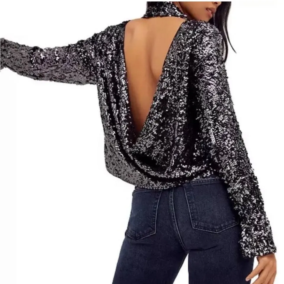 NWT Free‎ People Sequin Moonstruck Top in Black Combo Open Back Sz Small $128 - Image 10