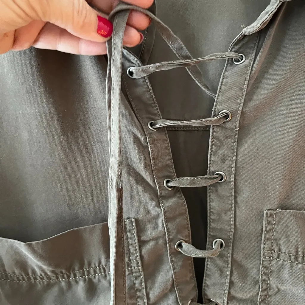 Do+Be Sz S - M Tencel Brown Long Sleeve Lace Up Cord Closure Chest Blouse Shirt - Image 4