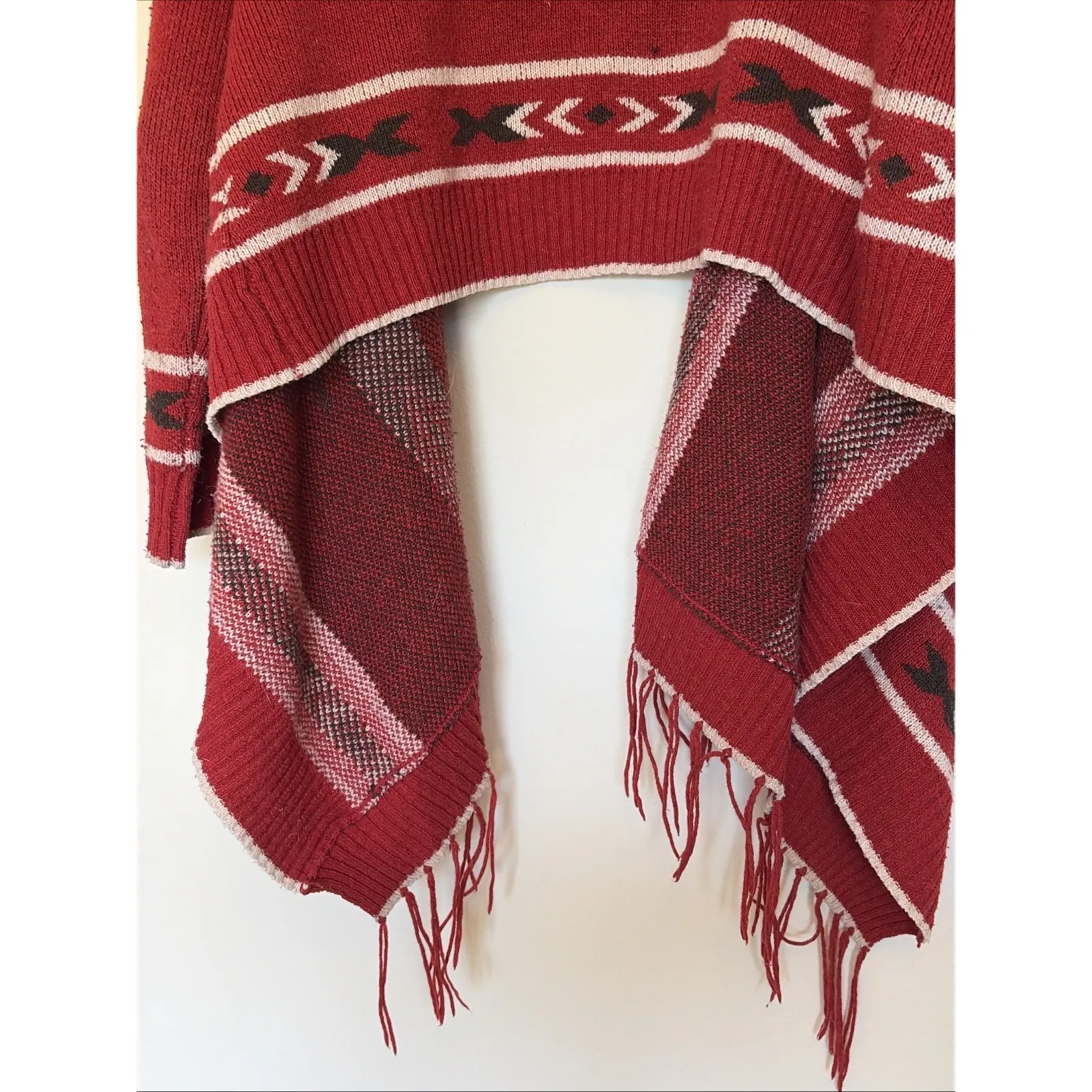 Tea n Rose Red Aztec Southwestern Fringe Wool Blend Open Cardigan Sweater Small - Image 10