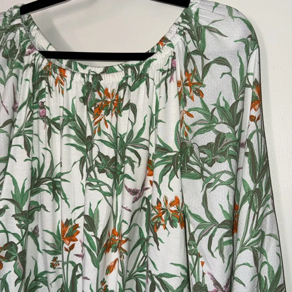 Anthropologie‎ White Floral Long Sleeve Blouse with Pink Birds Size Medium - Image 3
