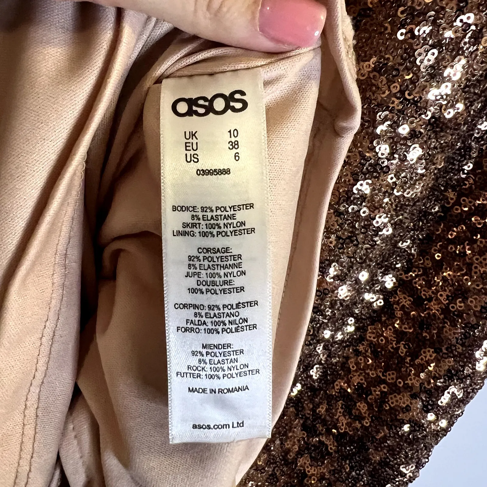 Asos Midi metallic brown beige sequin dress Turtle neck Sleeveless size 6 - Image 7