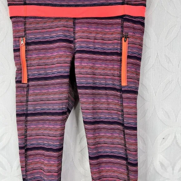 Lululemon Athletica Striped‎ Cropped Leggings Zippers Coral Pink Purple Size 8 - Image 4