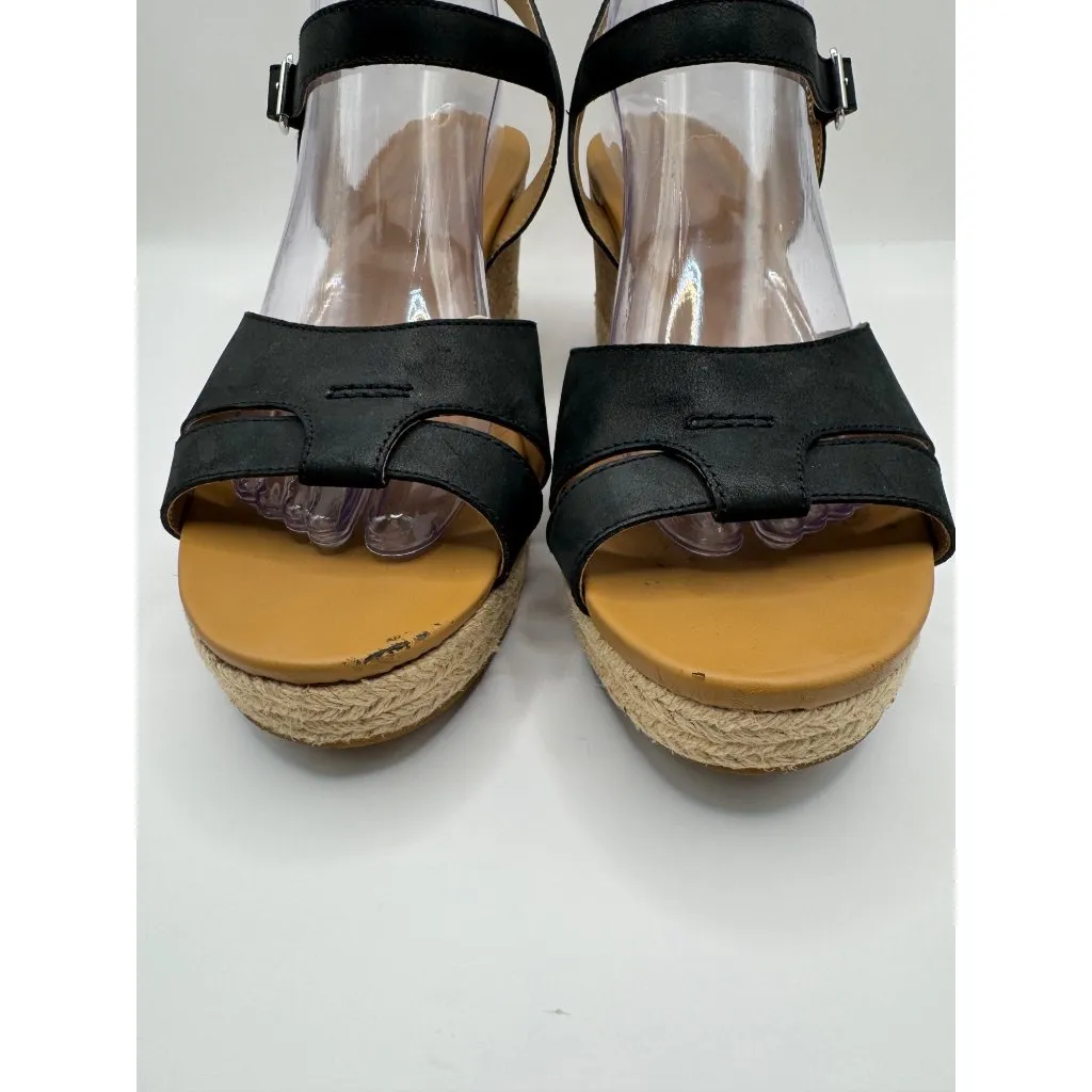 UGG Shoes Women 11 Black Leather Ankle Strap Platform‎ Cloverdale Wedge Sandal - Image 5