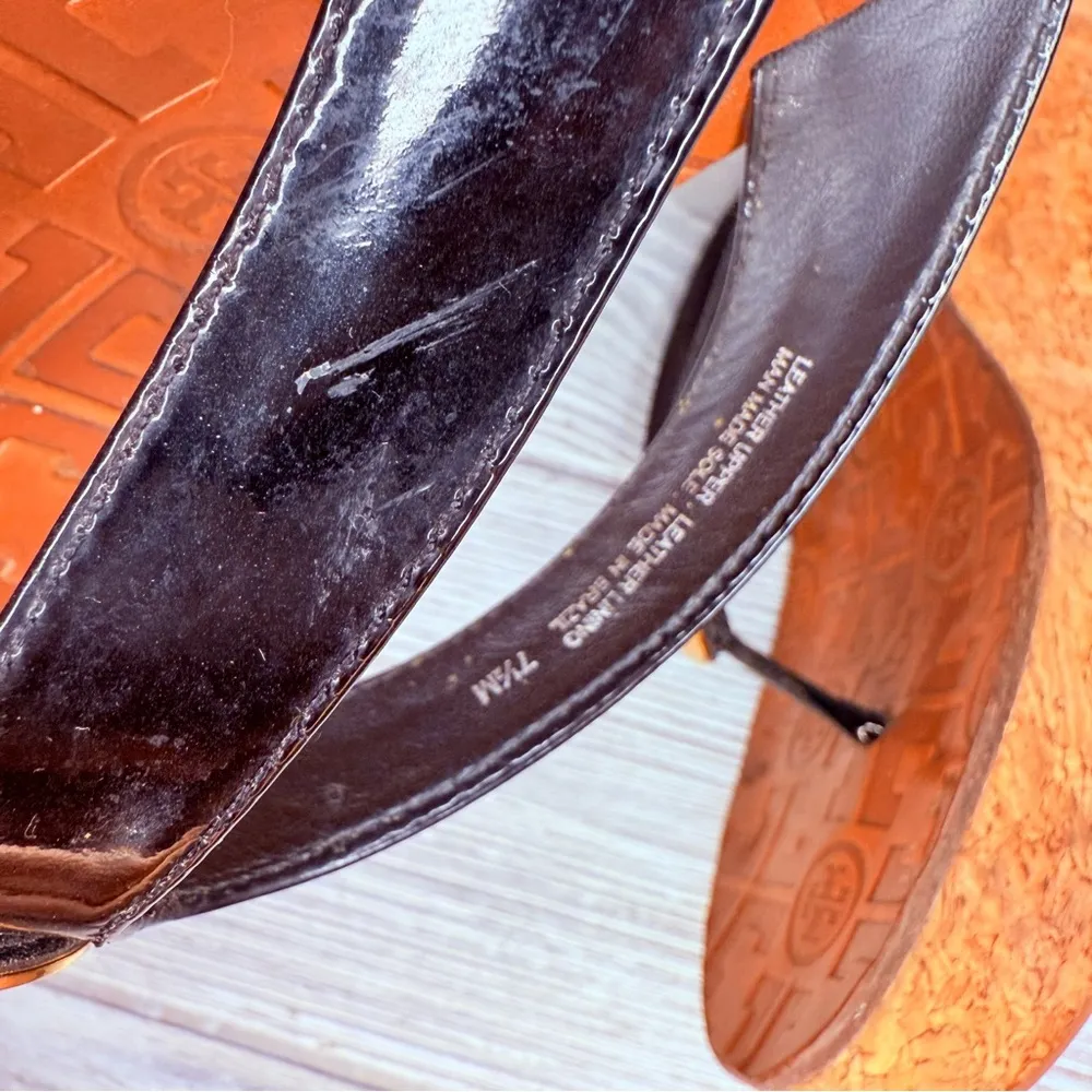 Tory Burch Thora Women’s Size 7.6 Black Patent Leather cork Wedge Sandals shoes - Image 11