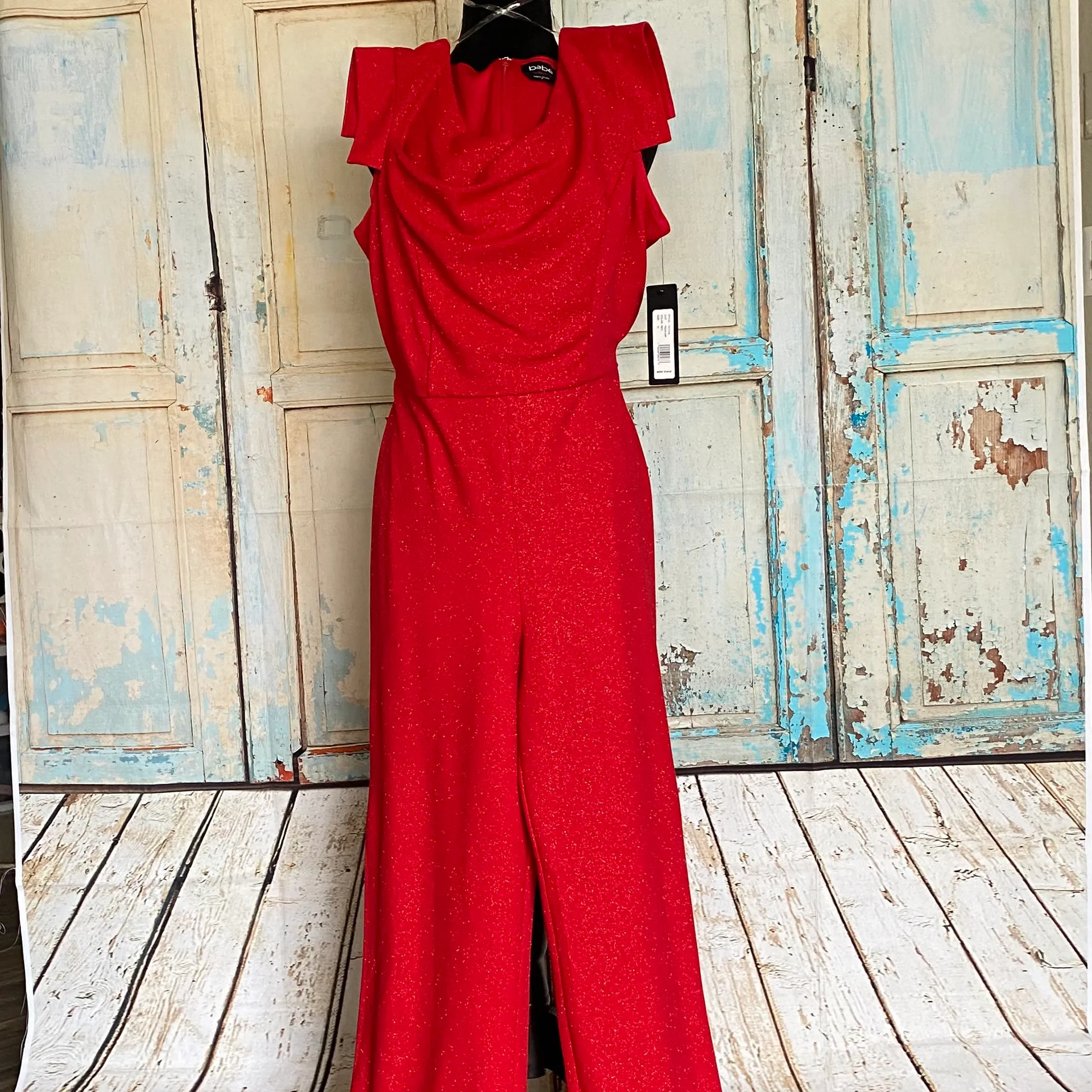 Women Asymmetrical Cowl-Neck Cap Sleeve Shimmer Red Jumpsuit Wide Leg Sz 10 - Image 3