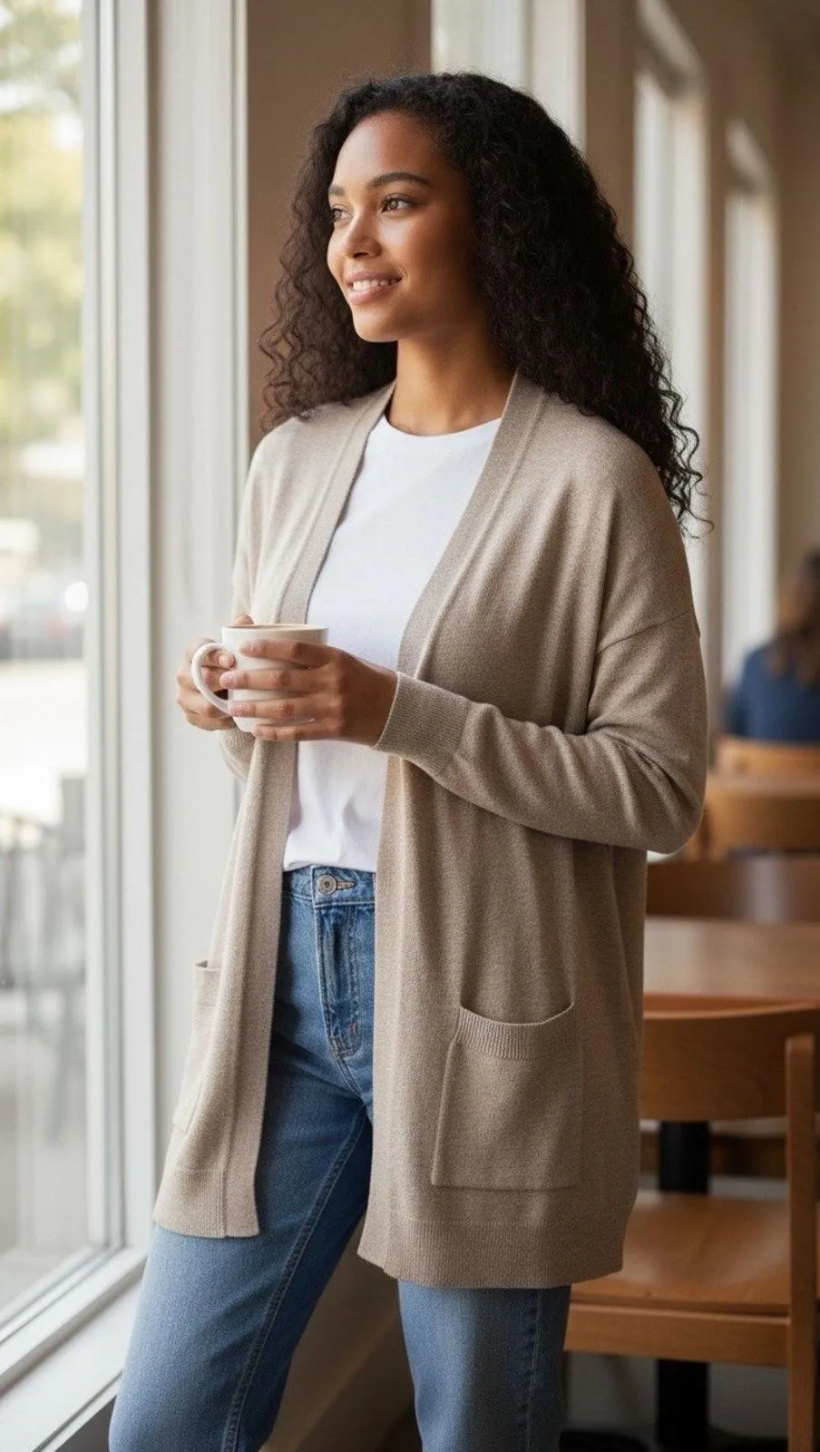 CASHMERE Blend Cardigan Long Sleeve Tan Size M Lightweight Soft Beige Brown Size M - Image 1