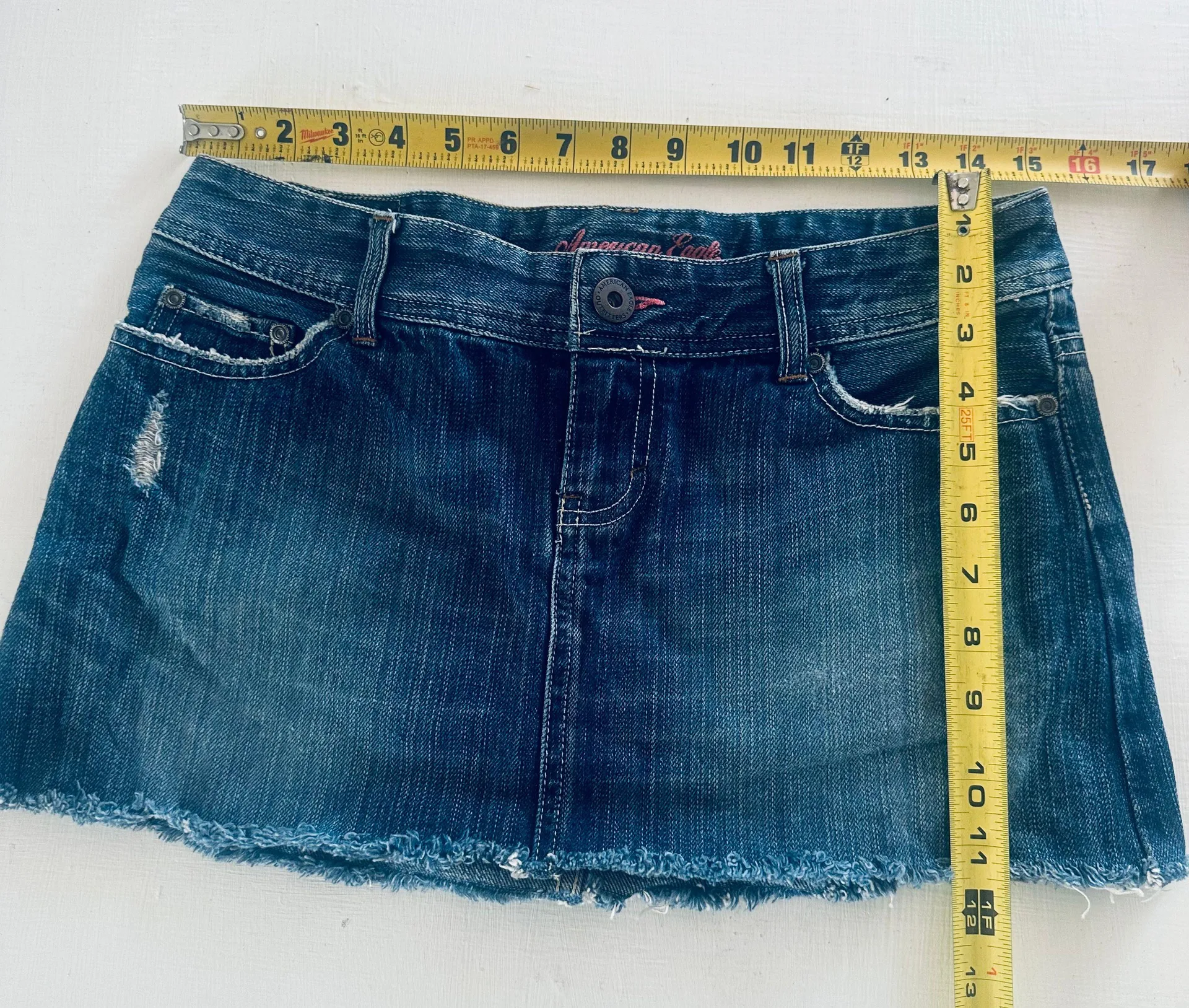 distressed mini denim Jean skirt with/ pink stitching & rhinestones - Image 6