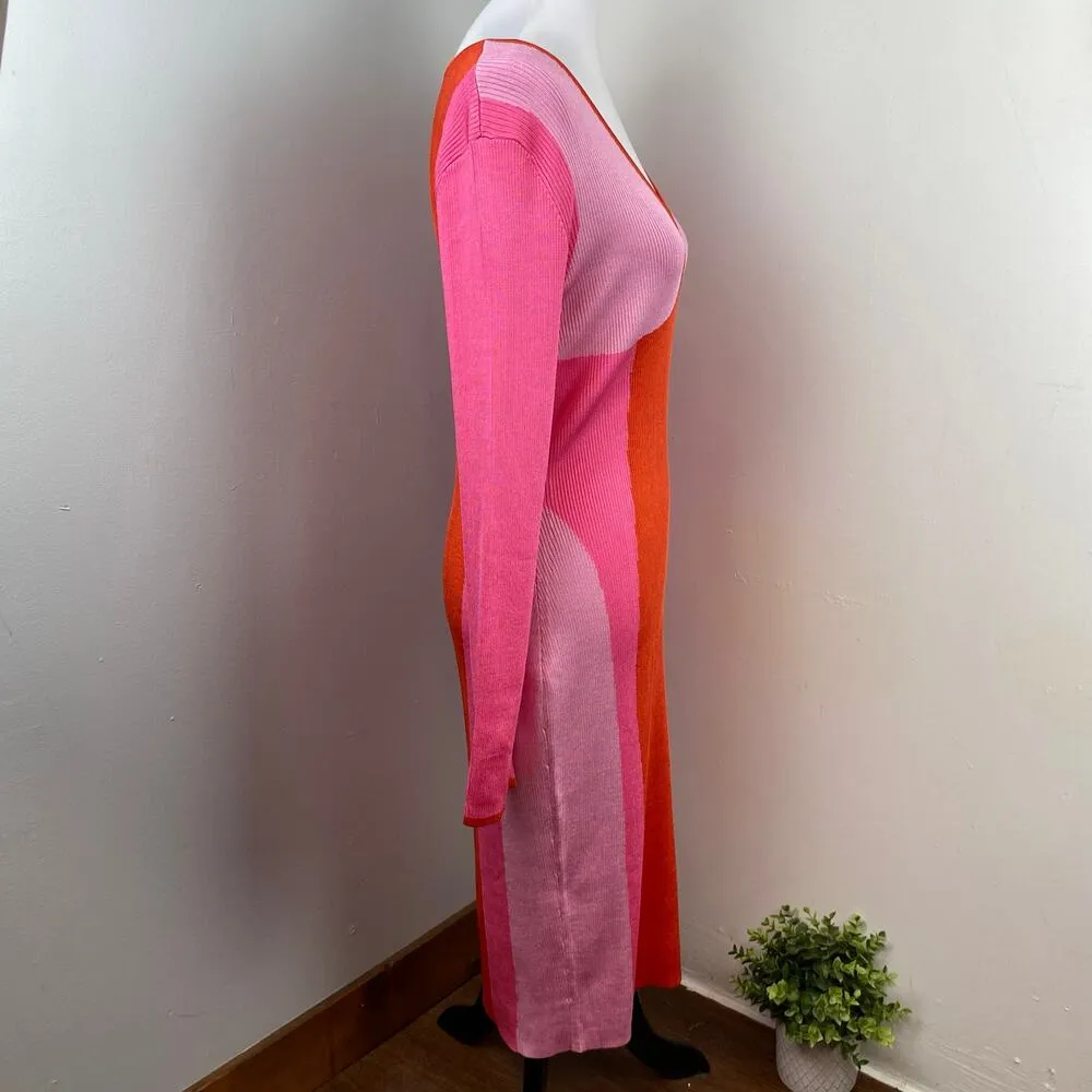 Gabrielle Union Vibrant Colorblock Long Sleeve Ribbed Knit Midi Bodycon Dress XL Red - Image 4