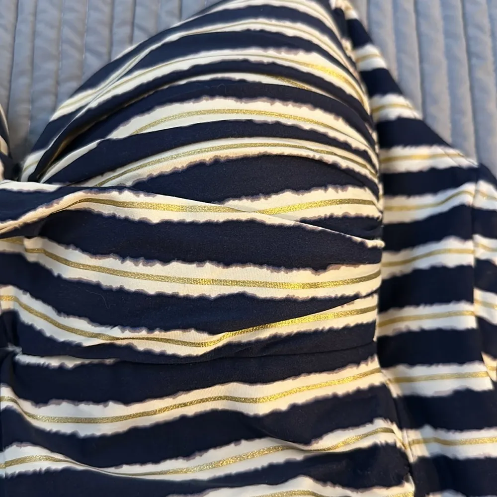 NIPTUCK SWIM Halter Swimsuit Navy Cream Gold Stripes Padded Size 12 EUC #1615 Blue - Image 5