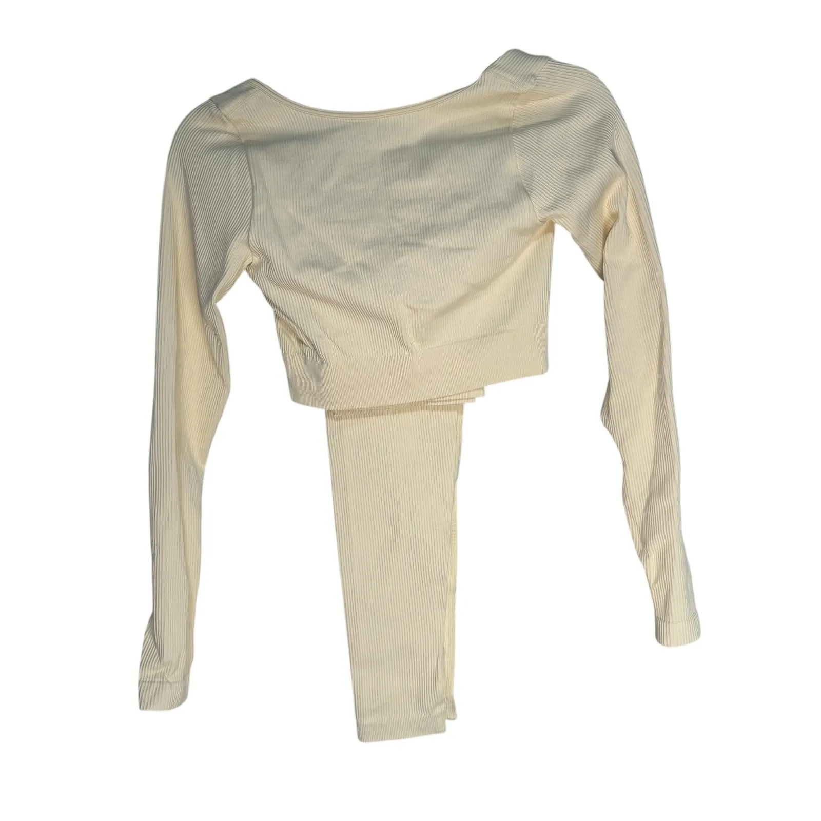 Ribbed Long Sleeve Crop Top Thumbhole Leggings Set Workout Athleisure Cream M Size M - Image 8