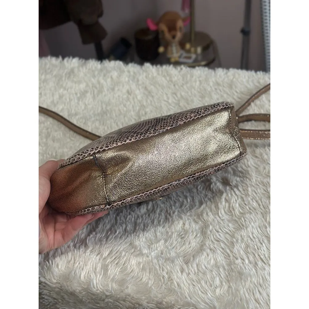 G.I.L.I Snake Embossed Leather Rose Gold Shimmer Crossbody Purse Camera Bag Brown - Image 6