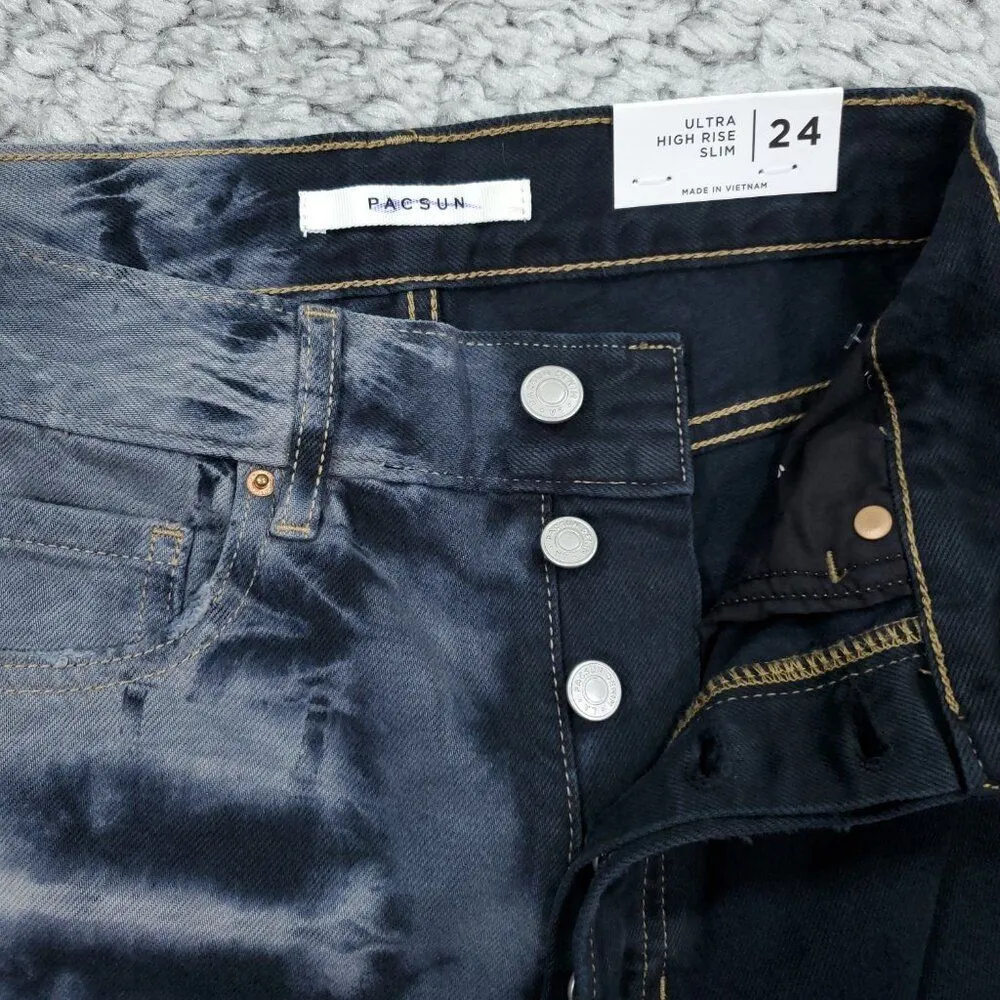 Pacsun Ultra High Rise Slim Jeans Women's Size 24 Two Tone Tie Dye Black Eco - Image 5