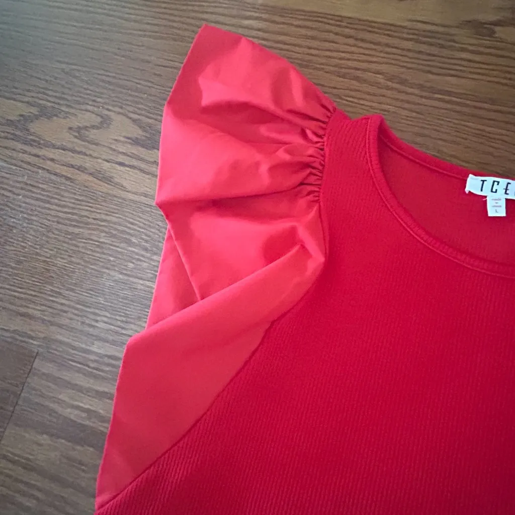 TCEC Red Frill Sleeve Ribbed T-Shirt Ruffle Cap Sleeve Size Large Feminine - Image 7