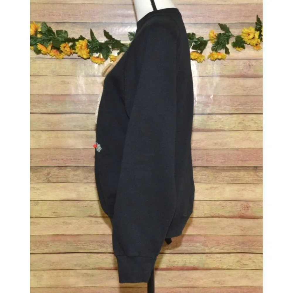 Vintage Hand Crafted Black Christmas 3-D Reindeer Sweatshirt Size L Granny Core - Image 4