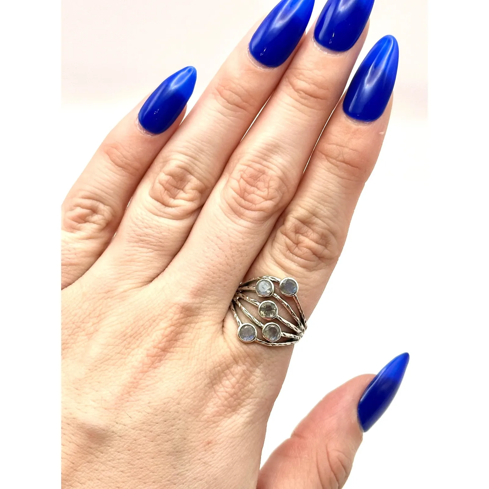 Faceted 5 Stone Labradorite Sterling Silver Handmade Ring Size 9 - Image 4