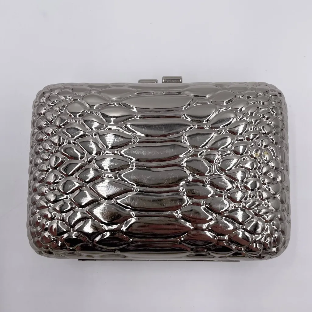 NEW MMS Design Studio Hard Shell Silver Metallic Clutch Mini Purse Chain Strap - Image 2