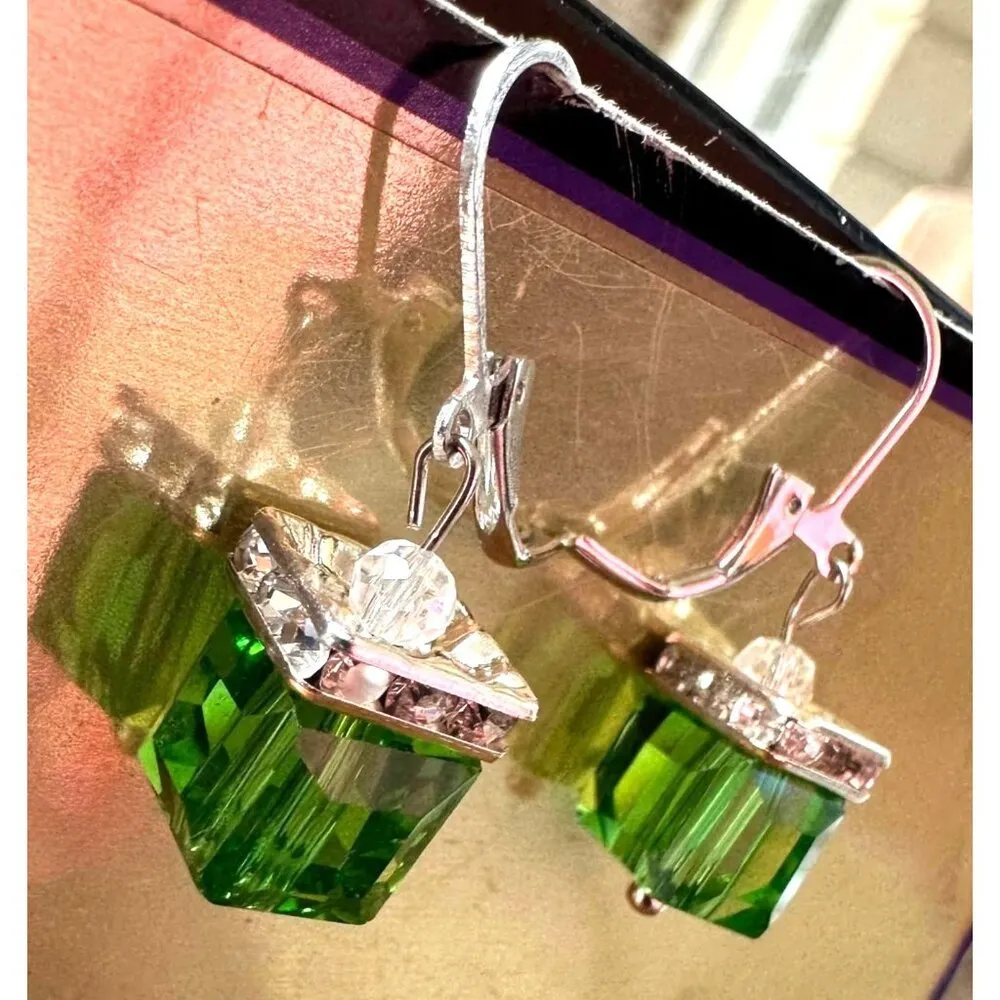 Light Emerald Earrings New Square Cube Rhinestones May Wedding Bride Cru… Green - Image 3