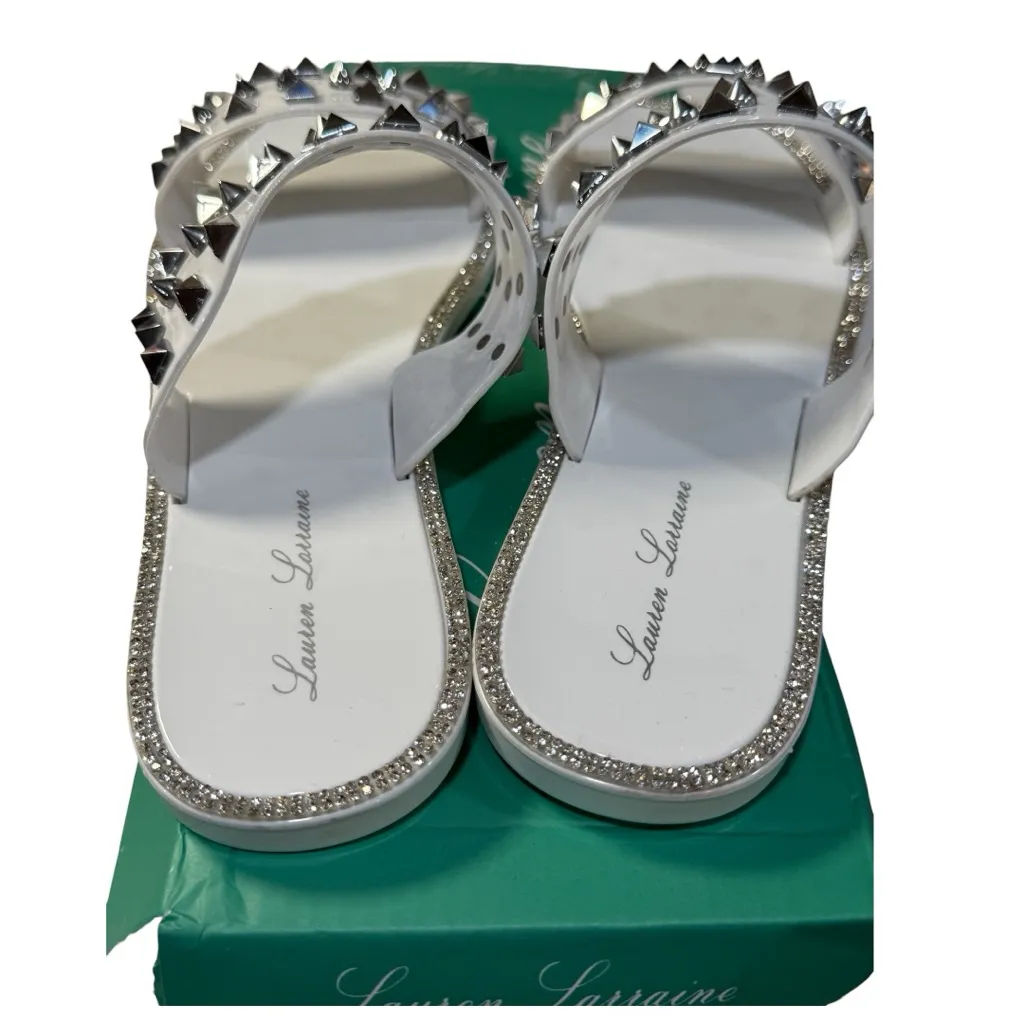 Lauren Lorraine “Studley” White Studded Rhinestone Slide Sandals – Size 6.5 NWT - Image 3