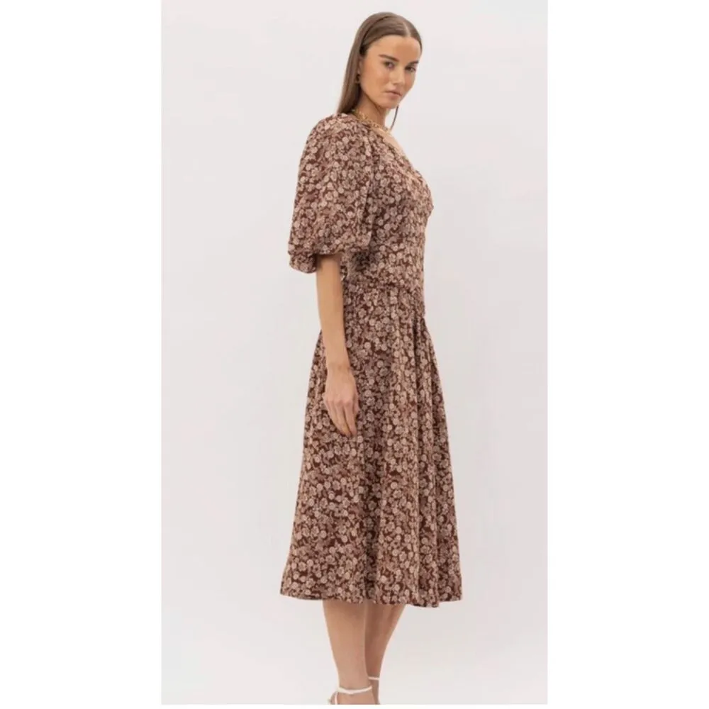 Sofie the Label Boho Cut Out Puff Sleeve Midi Dress in Brown Size Small - Image 2