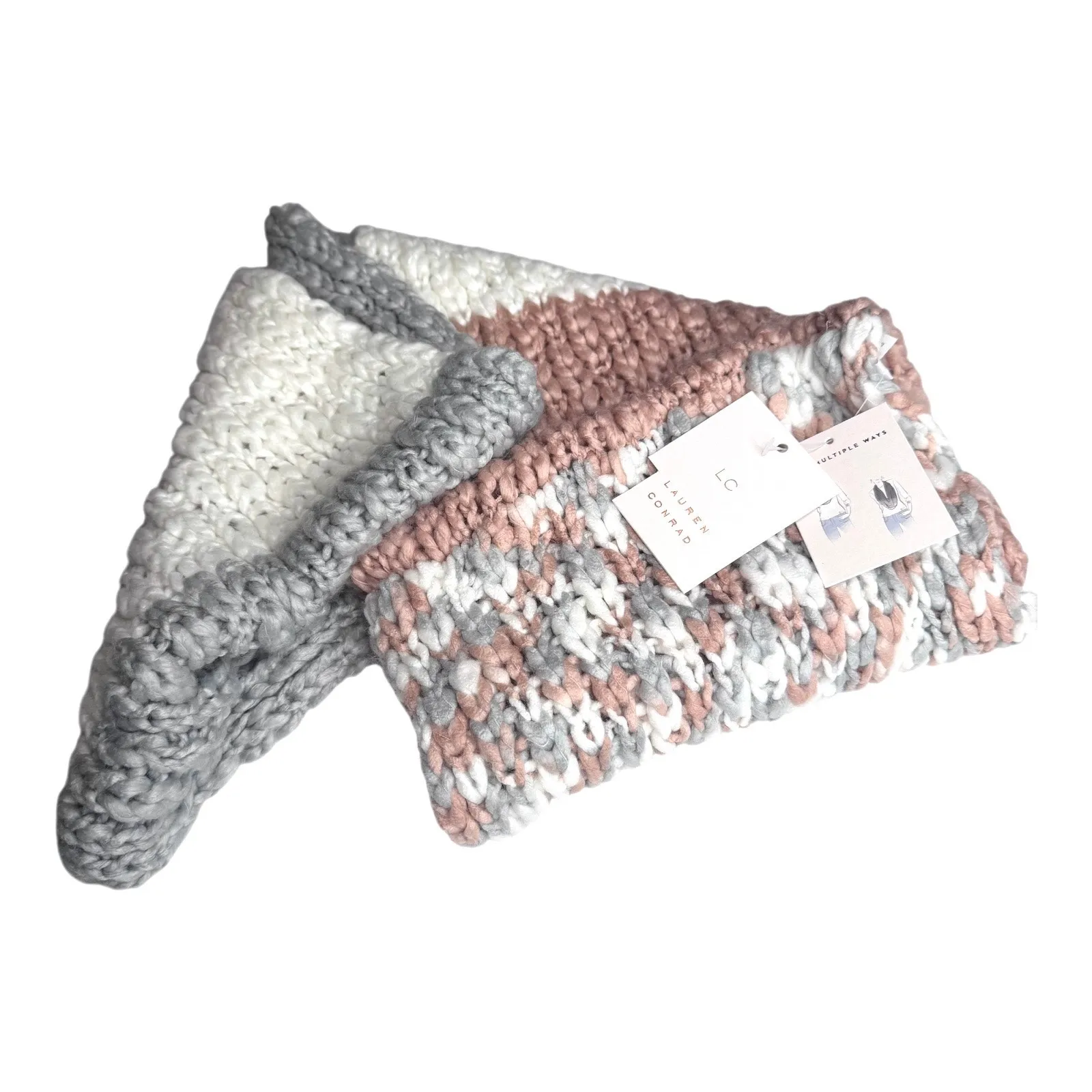 Lauren Conrad INFINITY SCARF Chunky Knit Neck Blanket Blush Cream Gray 52" NEW Pink - Image 3