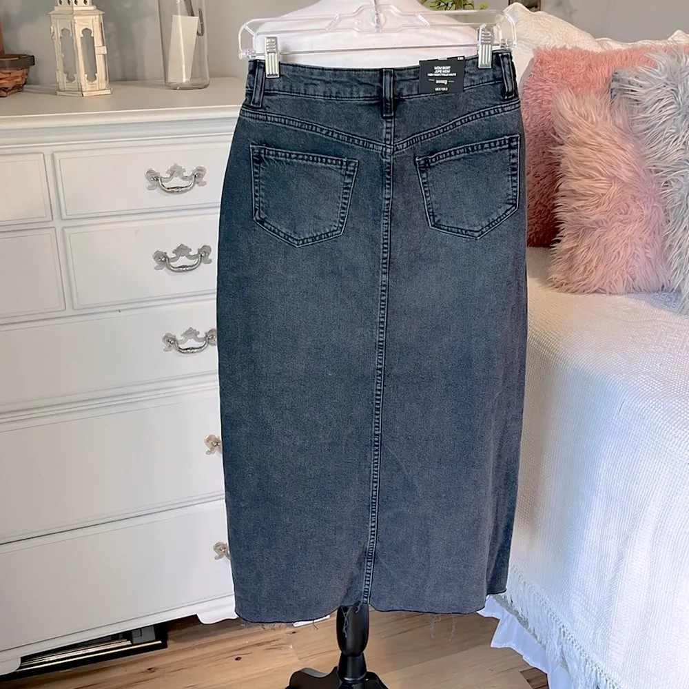 Denim Skirt High Waisted Mom Skirt Vintage Black Midi High Slit Womens 2 - Image 2