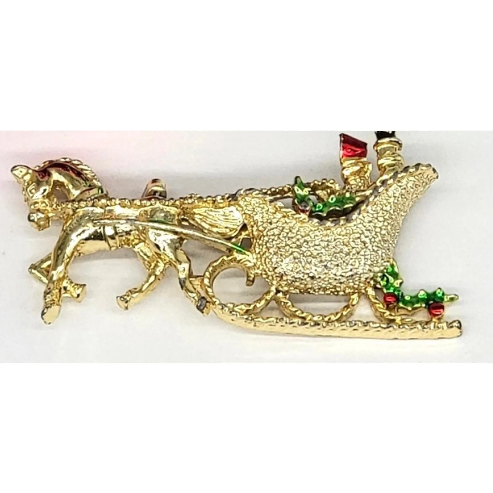 Gerrys Horse Sleigh Brooch Pin 2” Christmas Santa Ride Signed Enameled Gold Vtg - Image 5