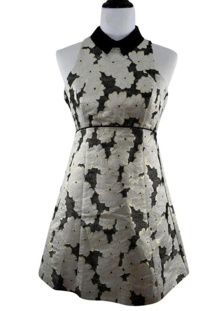 Jacquard Metallic Shift Floral Print Black Collar Mini Dress 6 - Image 3