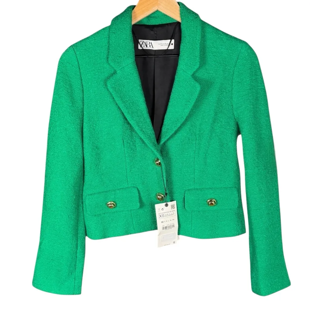 NWT Zara Vibrant Green Blazer Jacket XS Cropped Textured Fitted Gold Buttons - Image 2