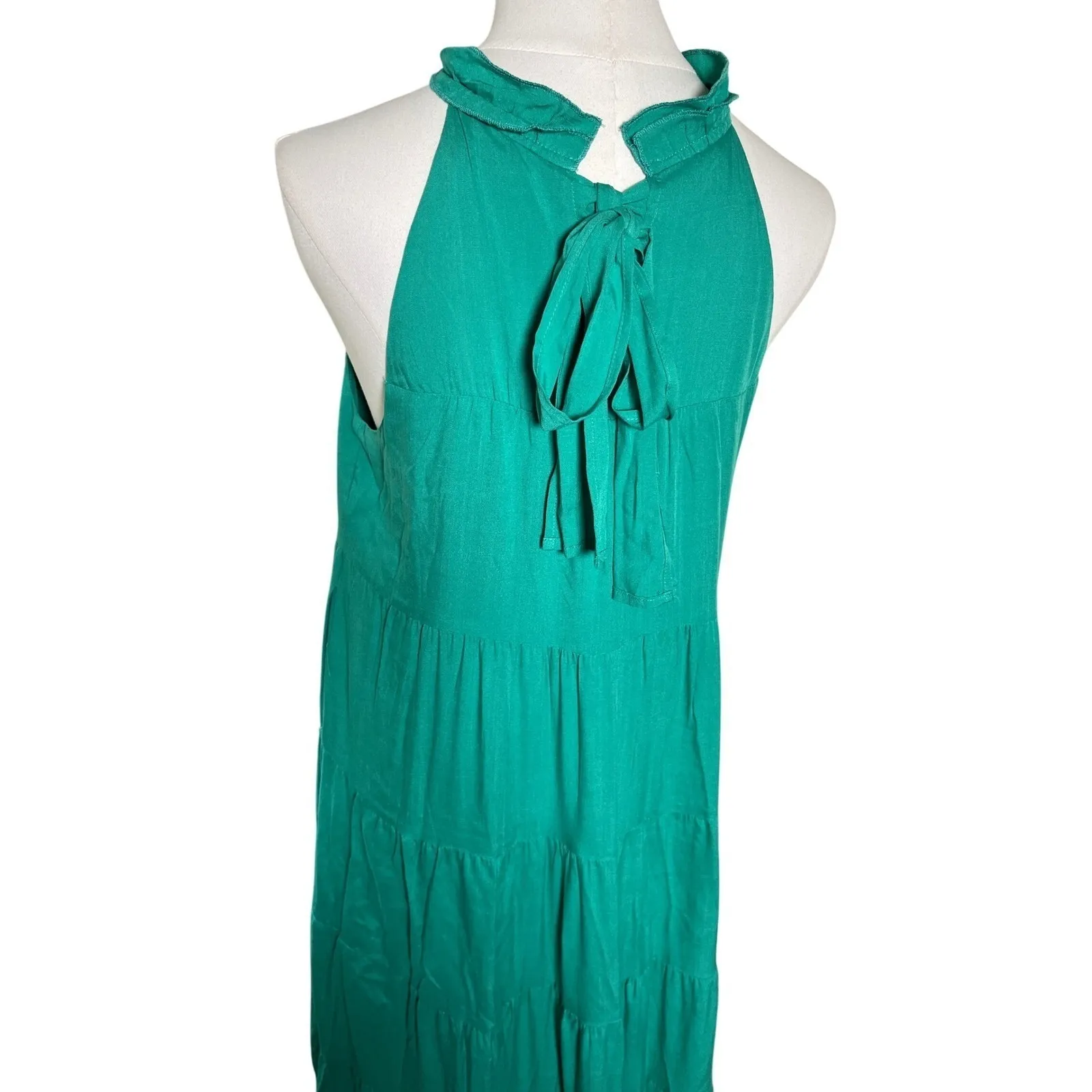Green Tiered Maxi Dress Small Halter Tie Neck Sleeveless Flowy Resort Vacation‎ - Image 3