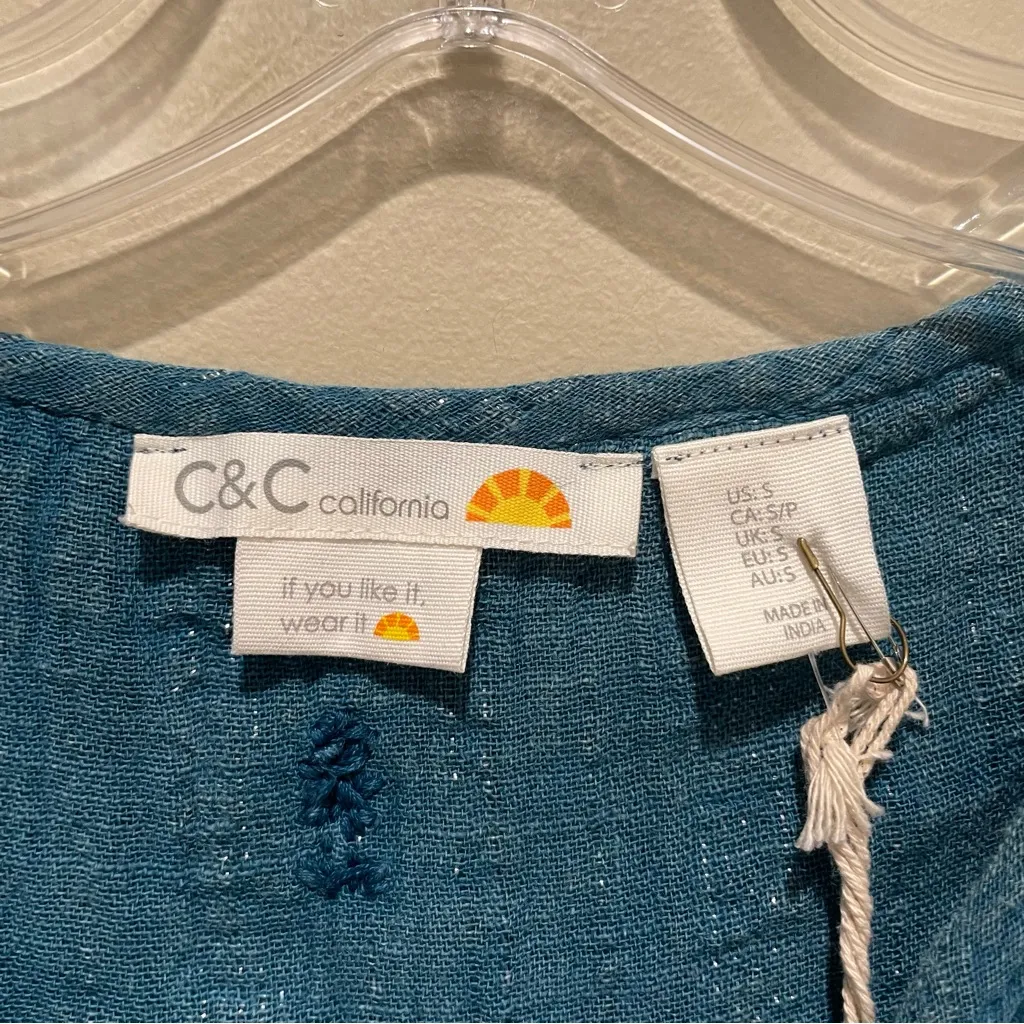 C&C California Embroidered Sleeveless V Neck Blouse Teal Blue Womens Size Small - Image 7