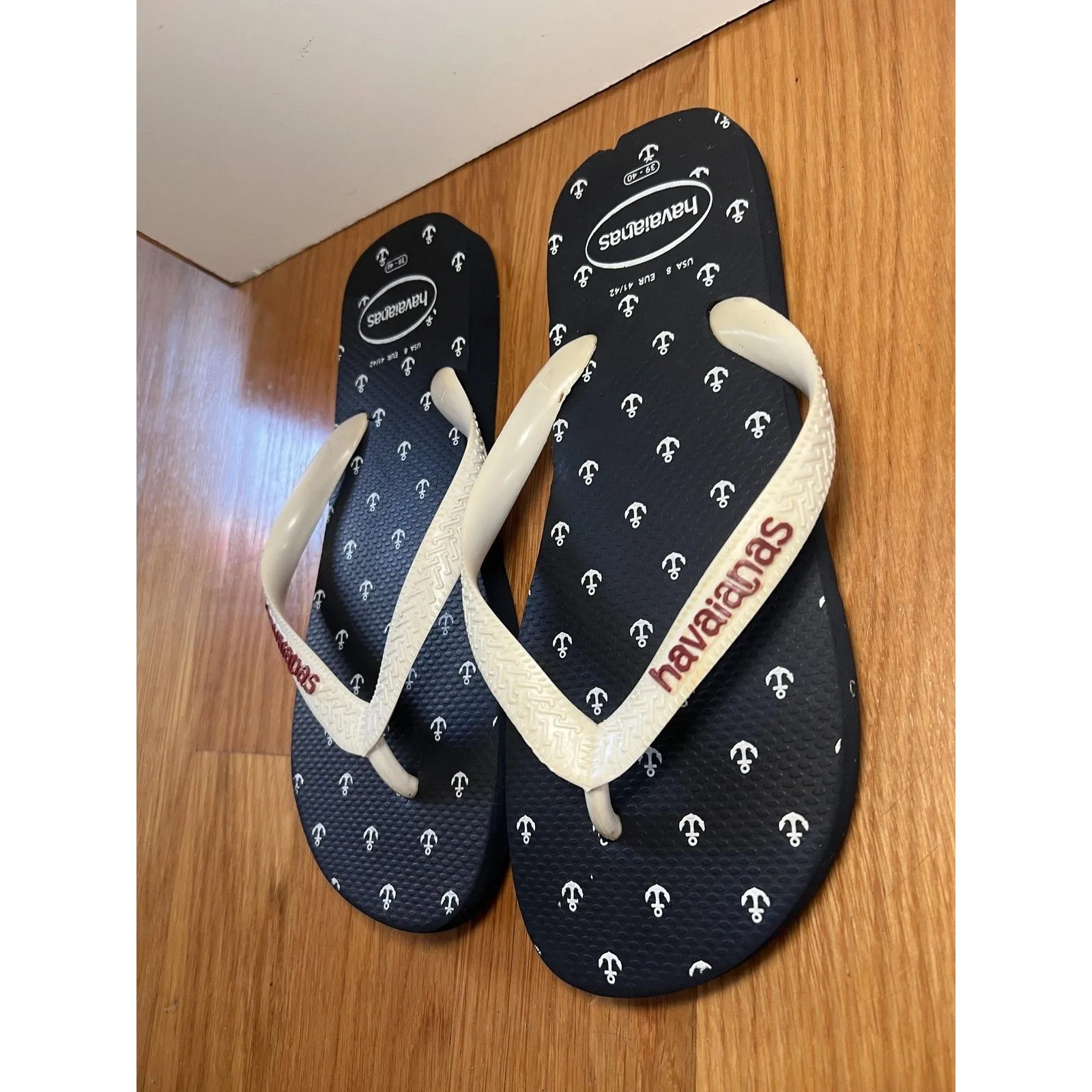 Havaianas Flip Flop Sandals Shoes Mens Size 8 Navy White Anchor Print Beach - Image 3