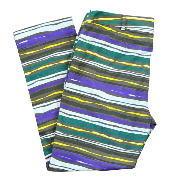 T1 Max Mara Studio High-Rise Striped Stretch Cotton Pants Purple Green Size 14 - Image 1