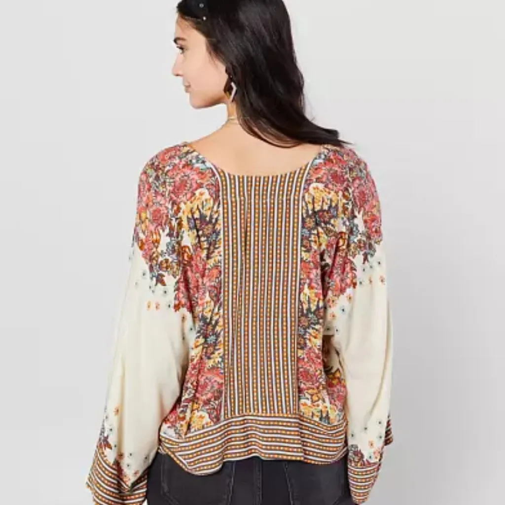 Free People Small Cream Floral Stripe Boho Cropped Long Sleeve Blouse - Image 3