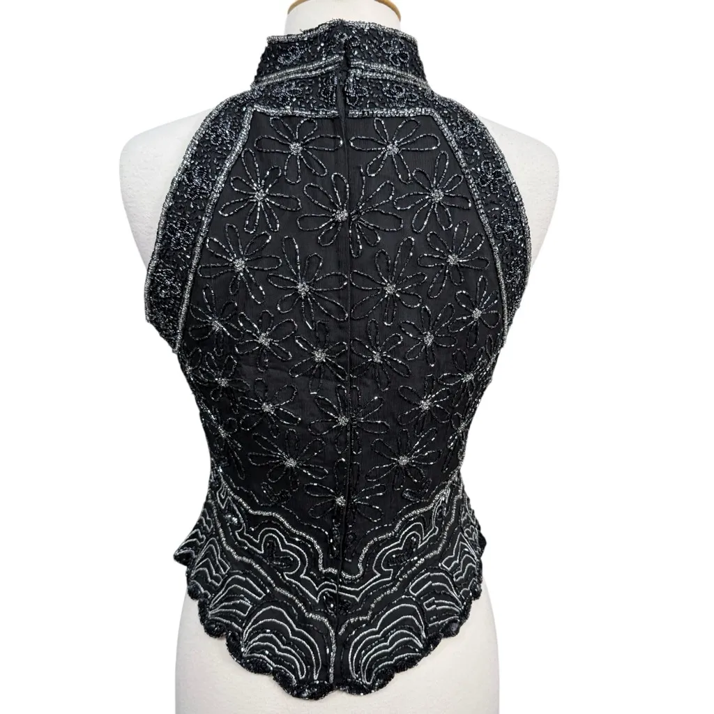 Adrianna Papell Boutique Evening Black Silk Beaded Halter Top Vintage M Size M - Image 5