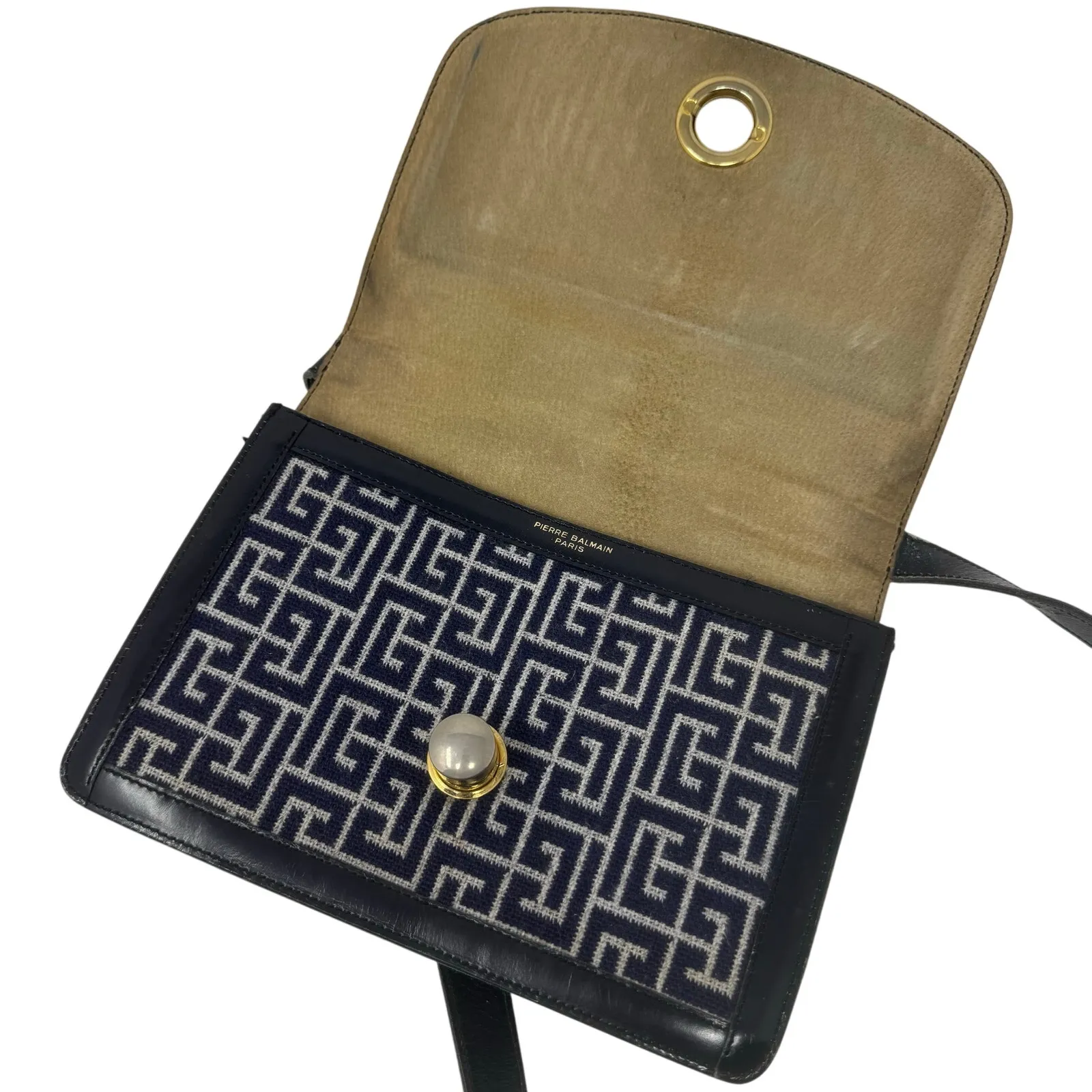 Balmain Vintage Monogram Canvas & Leather Crossbody Bag Navy Gold Hardware - Image 9