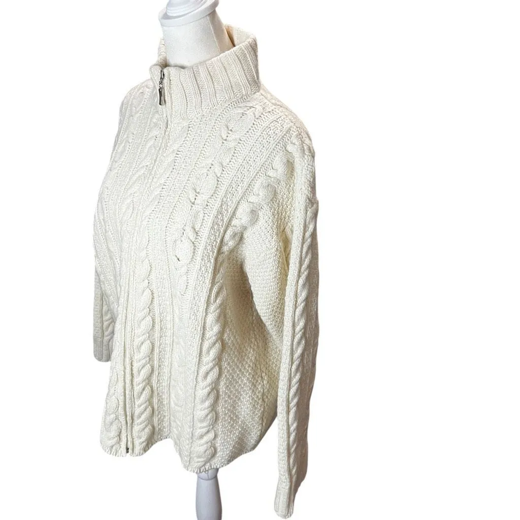 Inis Crafts Ireland Merino Wool Fisherman Cable Knit Zip Sweater Cream Small - Image 4