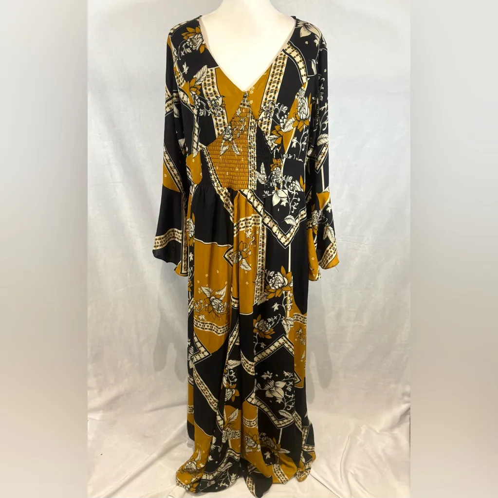 City Chic black & mustard yellow patterned corset smocked top maxi dress size 16 - Image 2