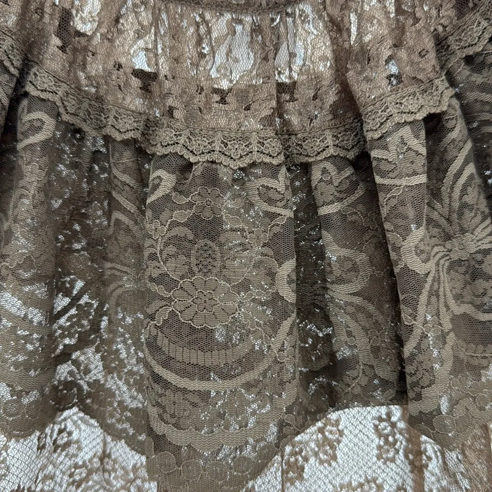 Vintage Toppings sheer Brown Lace Ruffle Top new deadstock boho lace 12 nylon - Image 9