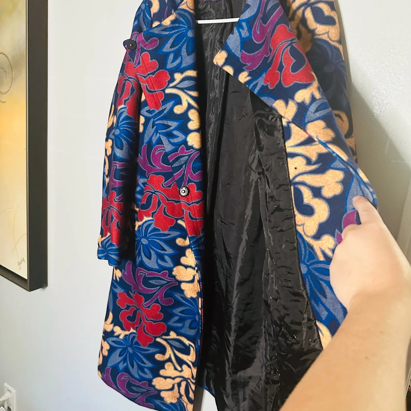 Vintage YaZhuang Floral Blue Tan Red Front Pocket Blazer Long Jacket Size Large - Image 14