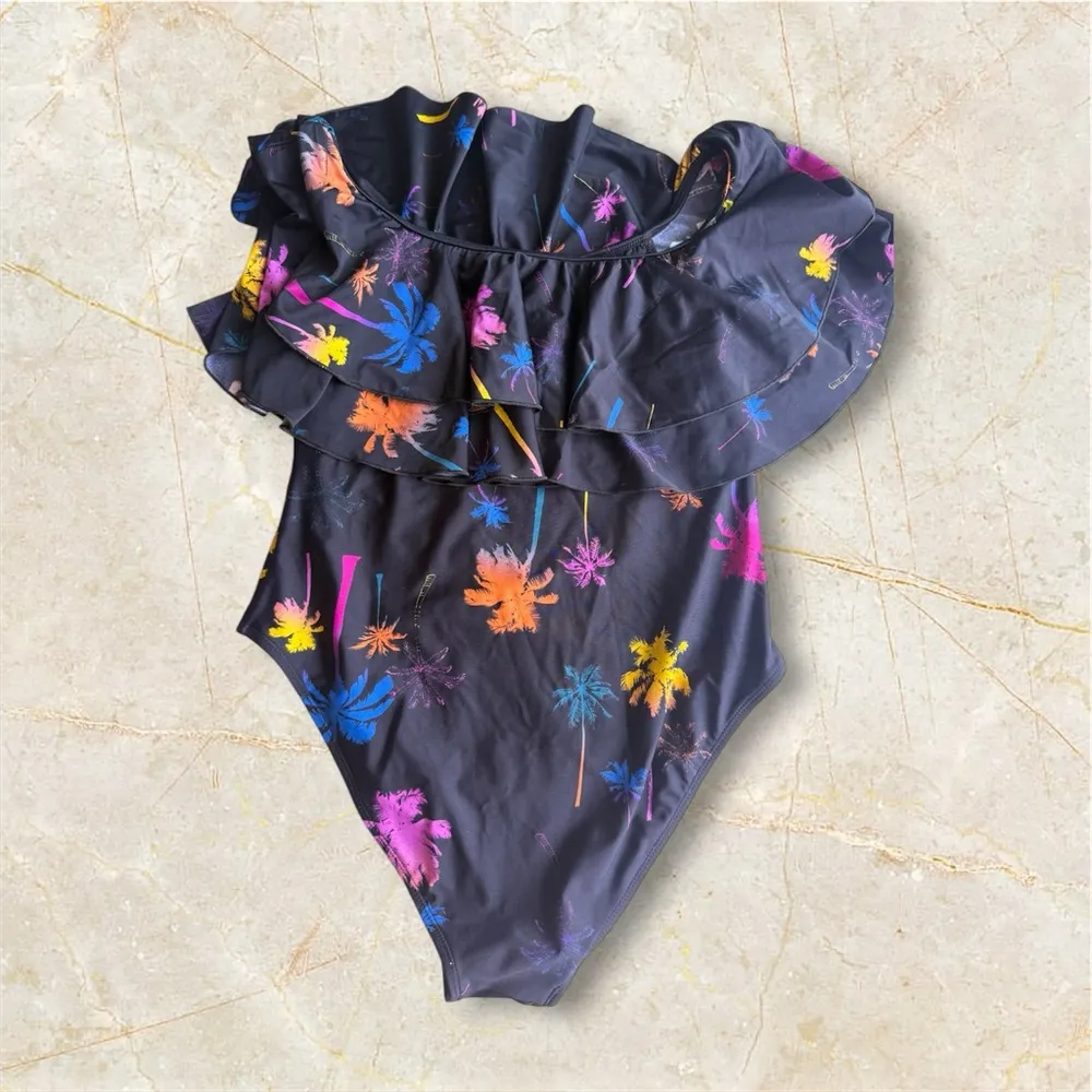 Infamous Swim Colorful Floral Swimsuit palm trees stamped size XL Black - Image 4