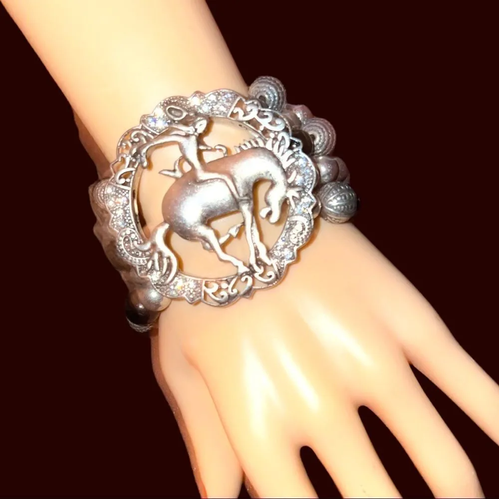 Unique silver and black beaded stretchy bracelet with silver cowgirl des… - Image 2