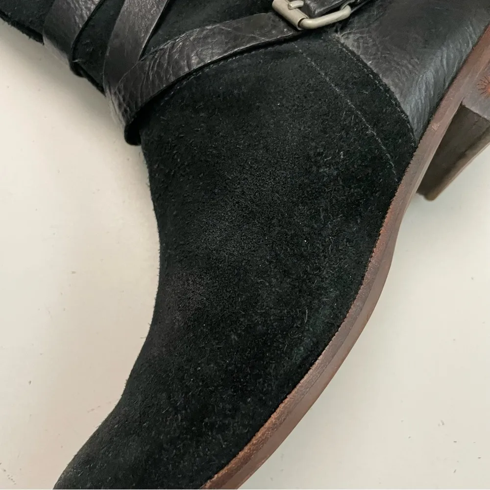 Boots Deanna Suede Leather Burnished  Buckles Straps Sheepskin Footbed Black - Image 15