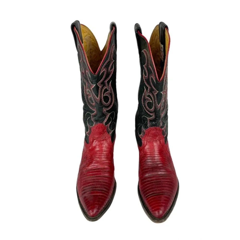 Vtg Nocona Red Black Lizard Leather Westerm Cowgirl Boots Sz 7B - Image 2